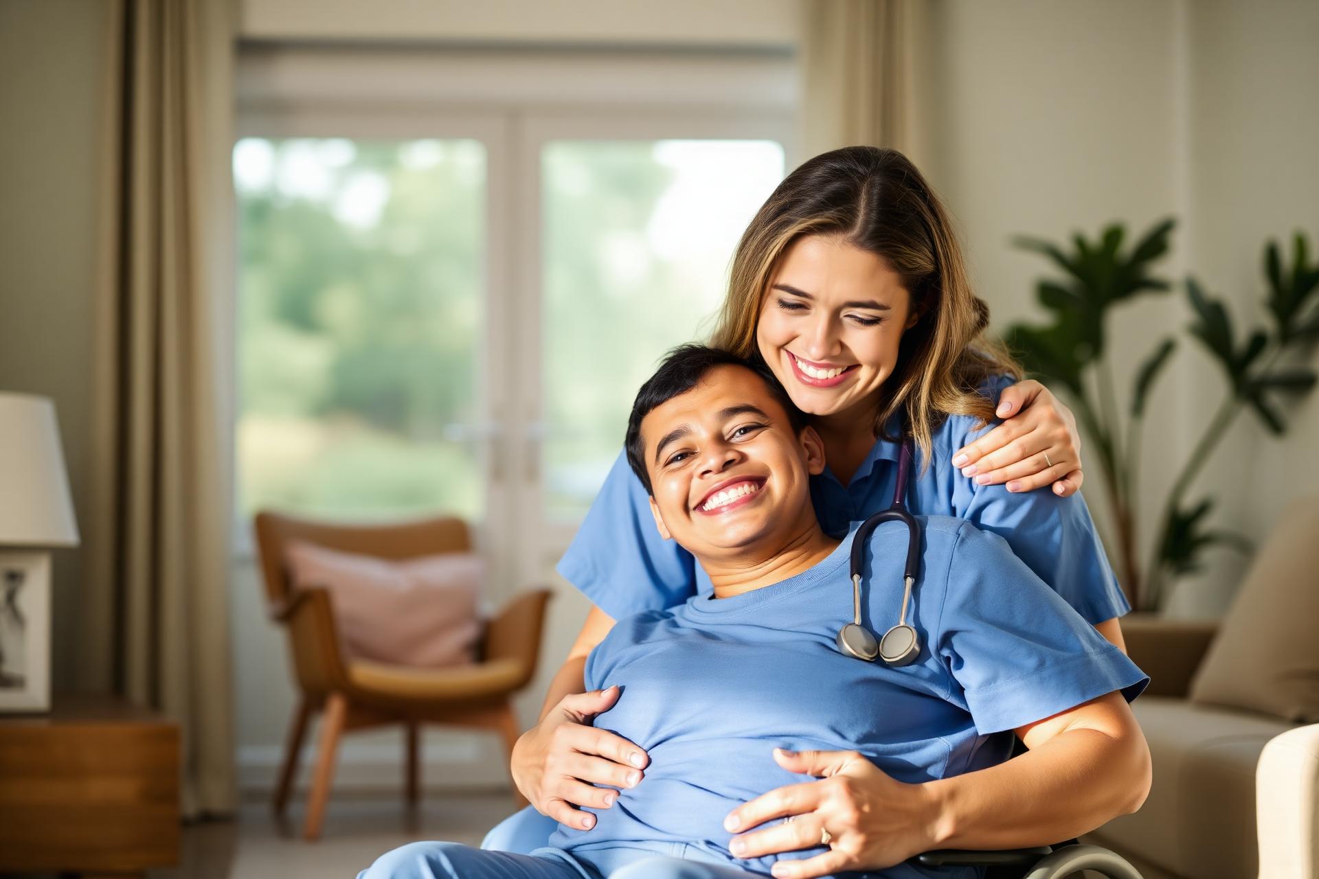 Compassionate caregiver supporting a smiling client in a bright home